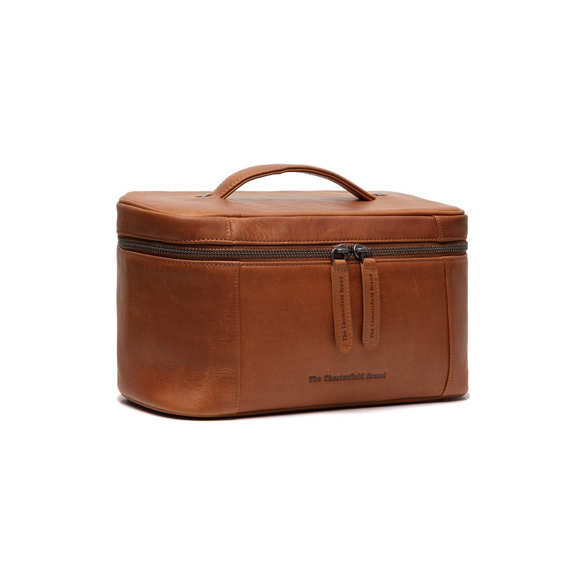 Styled Fit Perspective of Limone Full-Grain Leather Toiletry Bag on Model - Natural Daylight Drape