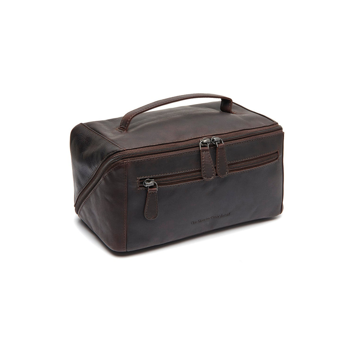 
Styled Fit Perspective of Trevia Full-Grain Leather Toiletry Bag on Model - Natural Daylight Drape