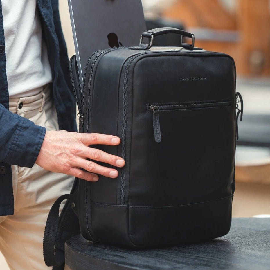 Classic 100% Full-Grain leather Backpack - Rear Perspective Showing Reinforced Leather Straps &amp; Stitching