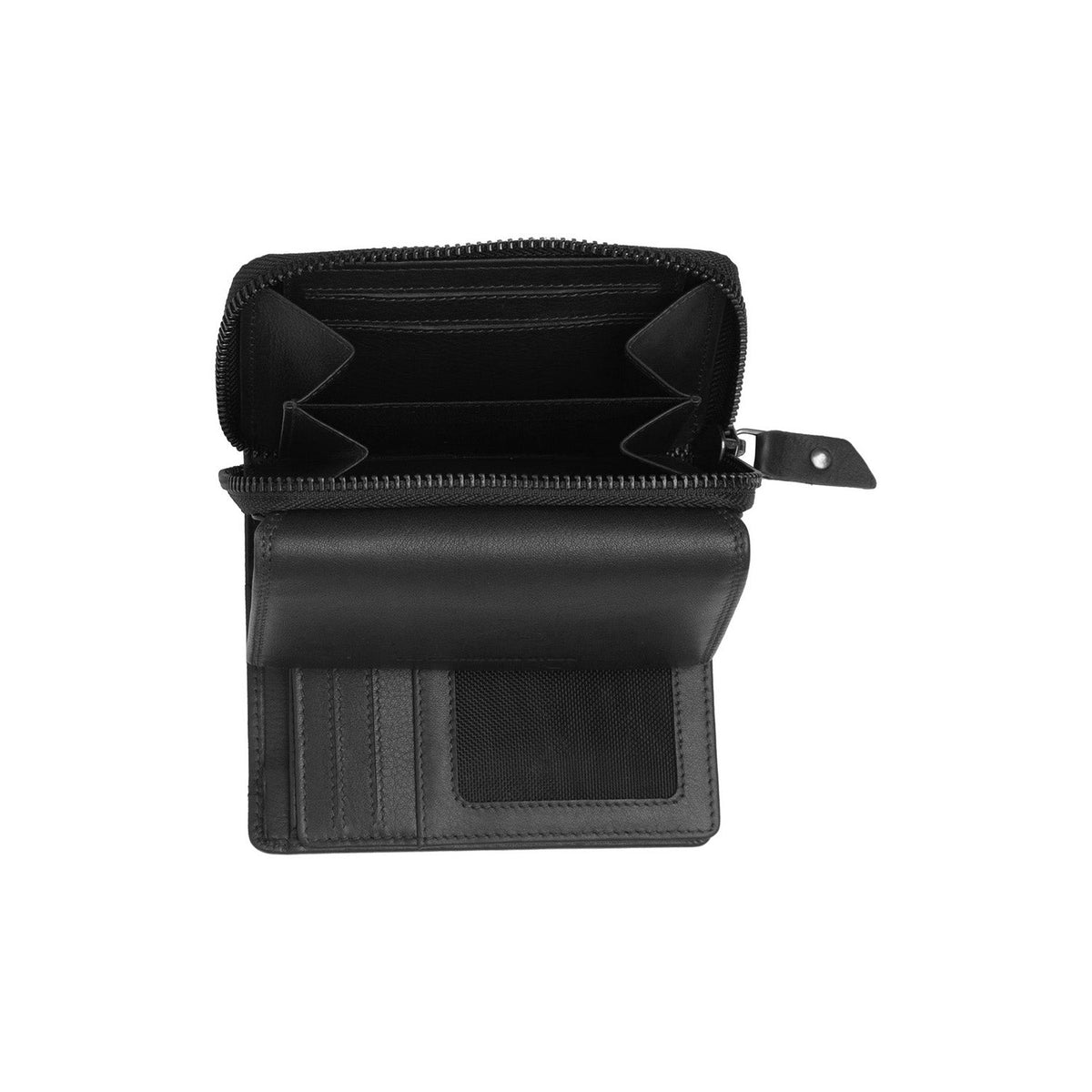 Solid Antique Brass Hardware & Heavy-Duty Dual Zipper Detail on Aldra Full-Grain Leather Wallet