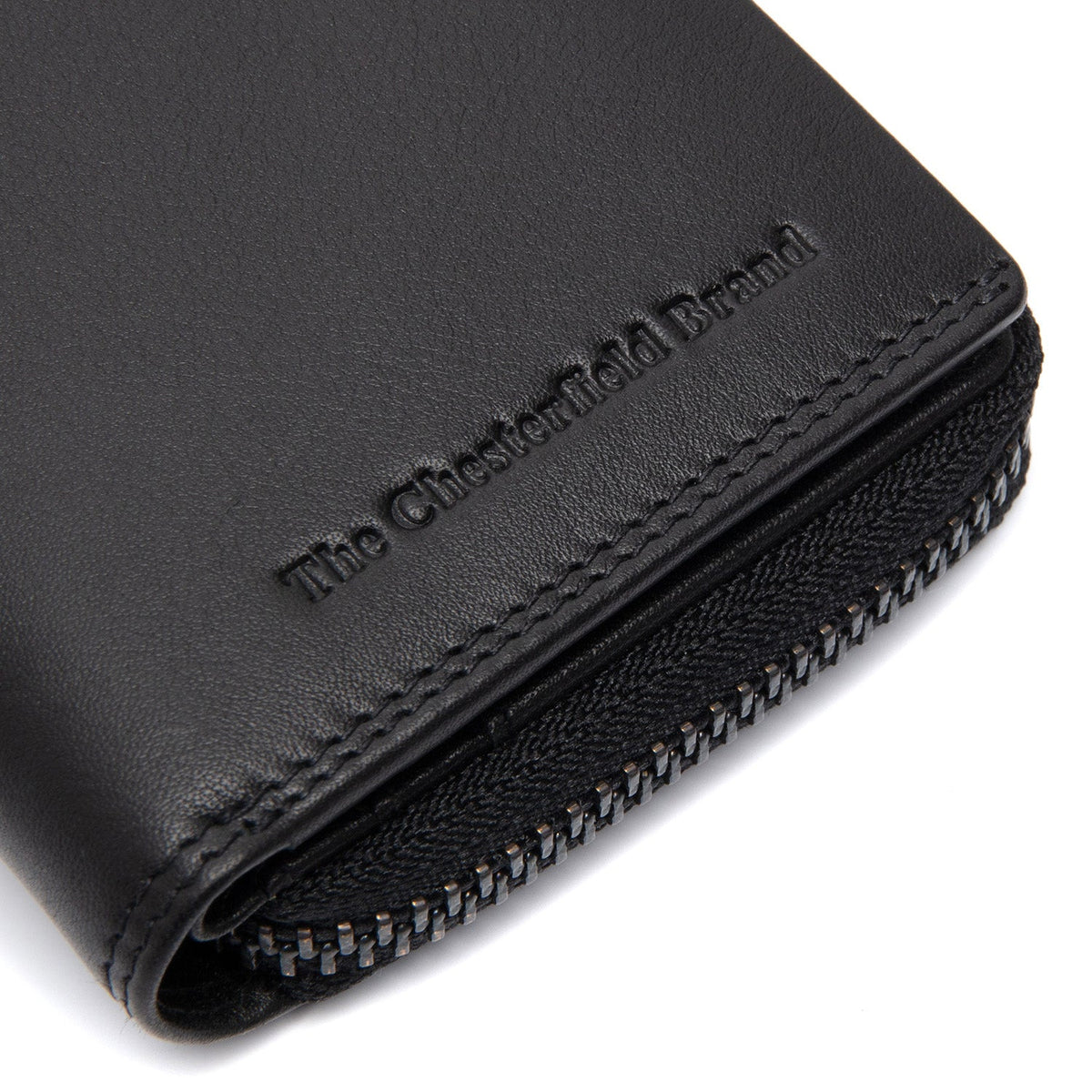 Solid Antique Brass Hardware &amp; Heavy-Duty Dual Zipper Detail on Lenwick Full-Grain Leather Wallet