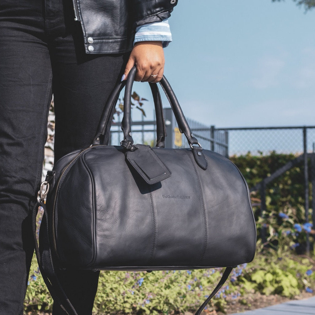 
Classic 100% Full-Grain Leather Duffle Bag - Rear Perspective Showing Reinforced Leather Straps & Stitching
