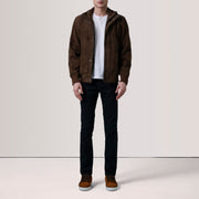 Styled Fit Perspective of Lester Brown Suede Bomber Jacket For Men on Model - Natural Daylight Drape