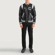 
Liberte California Black Leather Varsity Jacket - Lateral Side Profile View Showing Sleeve Cut & Athletic Taper Fit