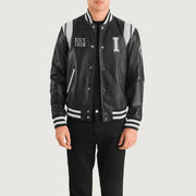 
Liberte Illinois Black Leather Varsity Jacket in Black & White Sheepskin Leather - Front Profile View & Tailored Silhouette | Buy Online