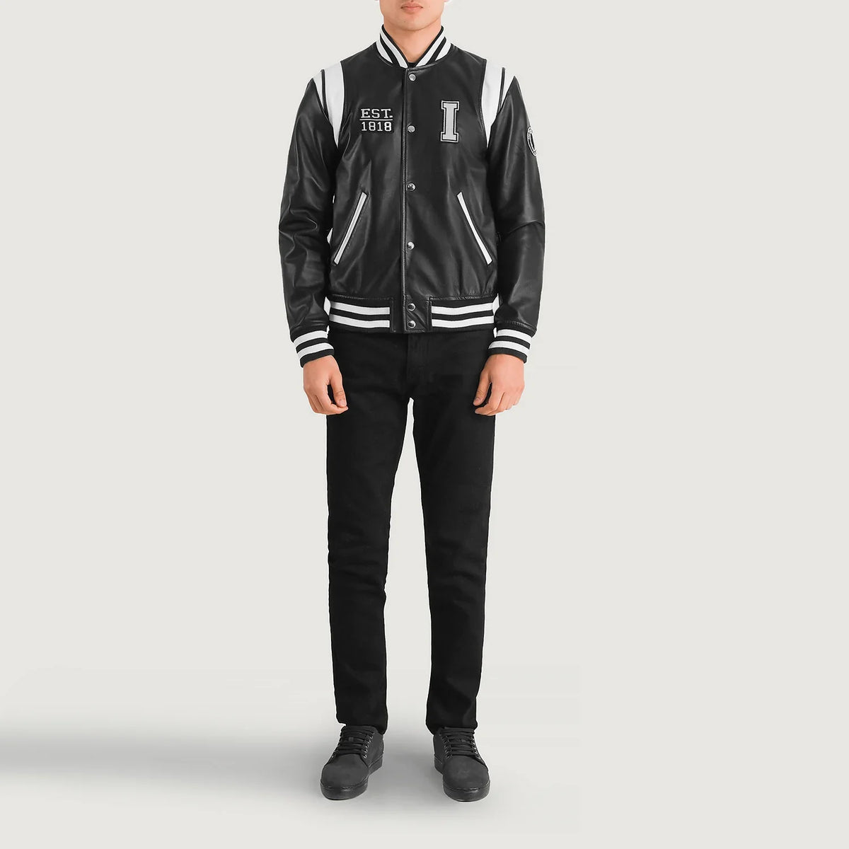 
Liberte Illinois Black Leather Varsity Jacket - Lateral Side Profile View Showing Sleeve Cut & Athletic Taper Fit