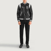 
Liberte Illinois Black Leather Varsity Jacket - Lateral Side Profile View Showing Sleeve Cut & Athletic Taper Fit