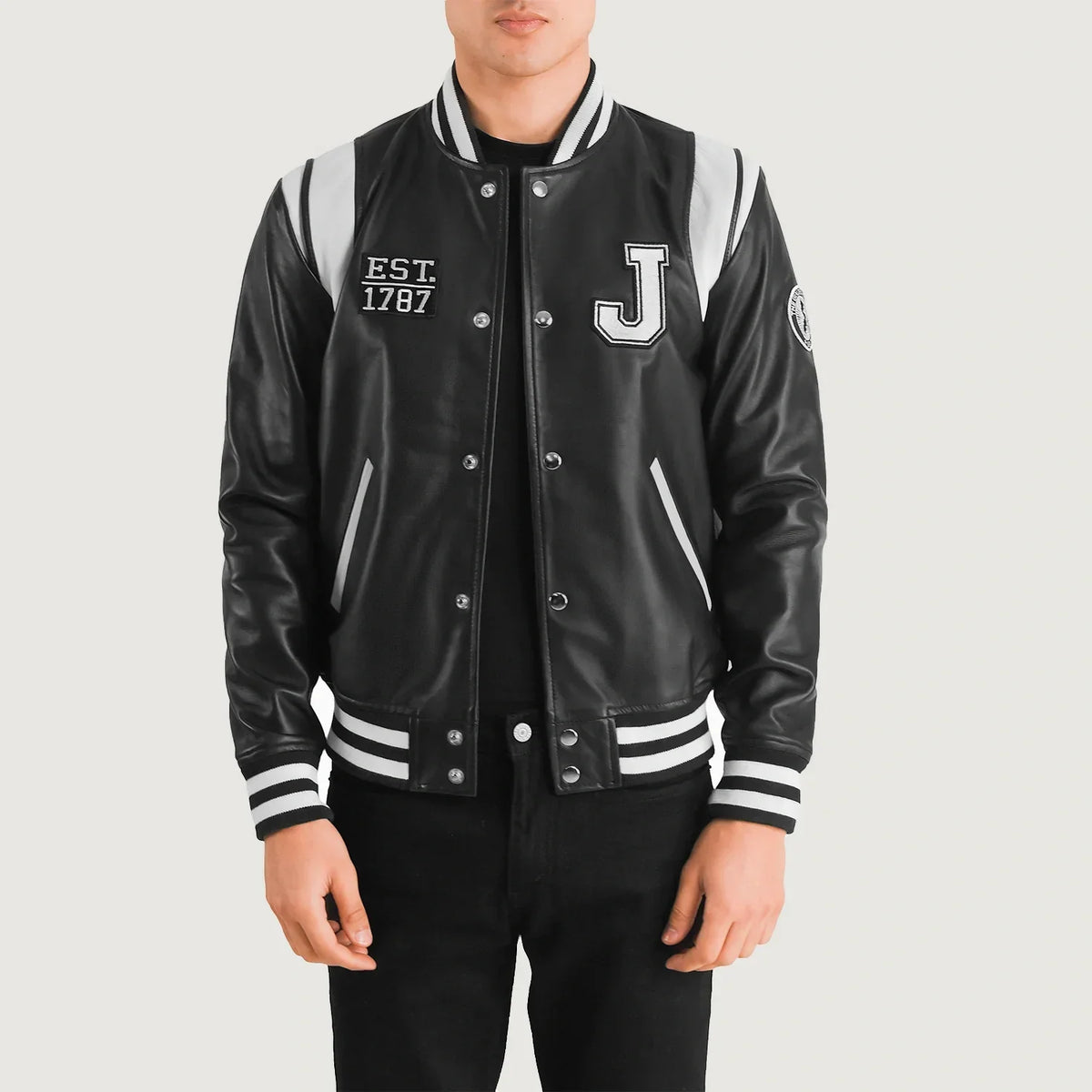 Liberte New Jersey Black Leather Varsity Jacket in Black &amp; White Sheepskin Leather - Front Profile View &amp; Tailored Silhouette | Buy Online