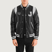 Liberte New Jersey Black Leather Varsity Jacket in Black &amp; White Sheepskin Leather - Front Profile View &amp; Tailored Silhouette | Buy Online