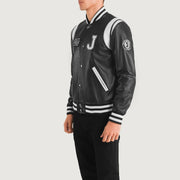 Black &amp; White Sheepskin Leather Varsity Jacket - Back View Showing Tailored Shoulder Fit &amp; Clean Hemline