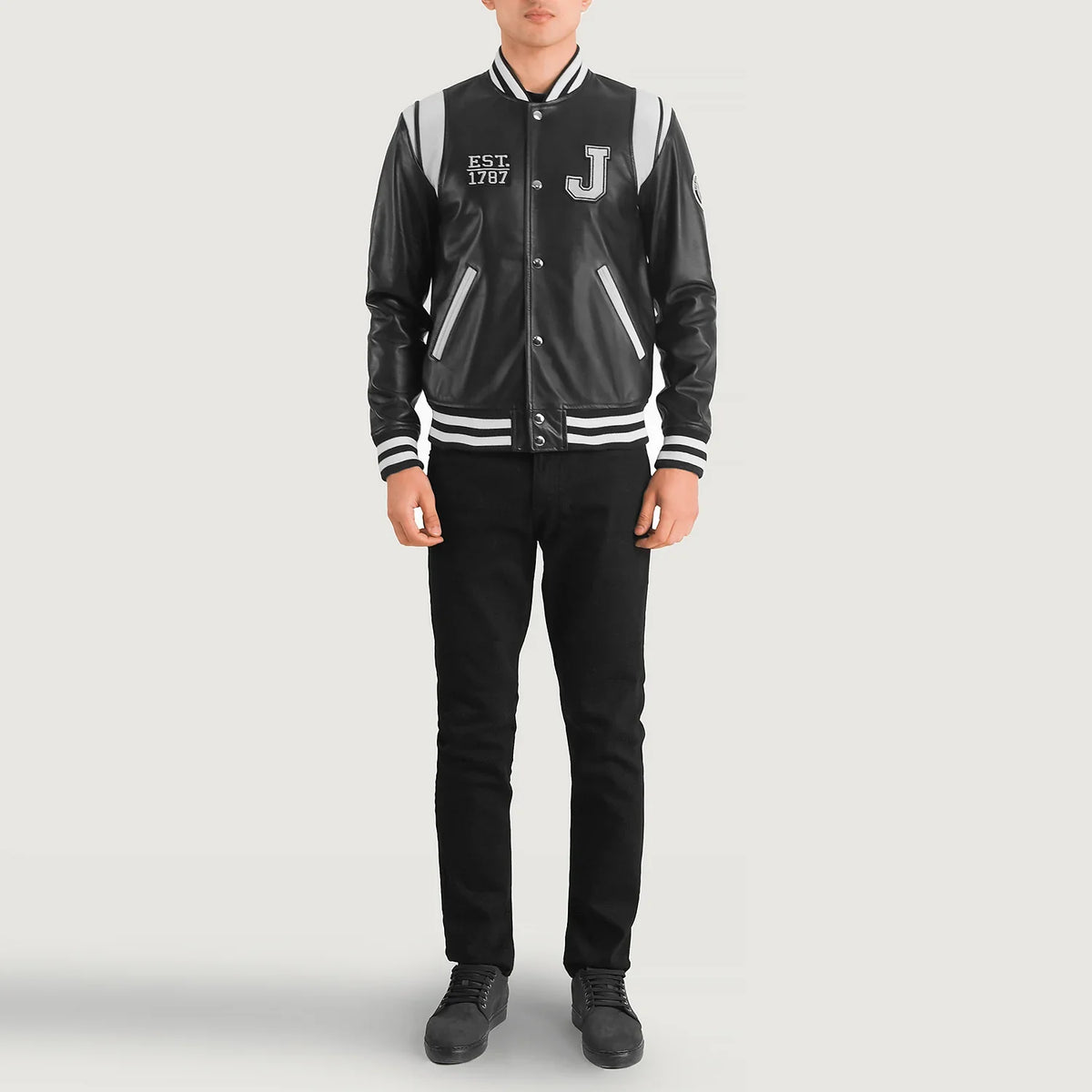 Liberte New Jersey Black Leather Varsity Jacket - Lateral Side Profile View Showing Sleeve Cut &amp; Athletic Taper Fit