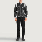 Liberte New Jersey Black Leather Varsity Jacket - Lateral Side Profile View Showing Sleeve Cut &amp; Athletic Taper Fit