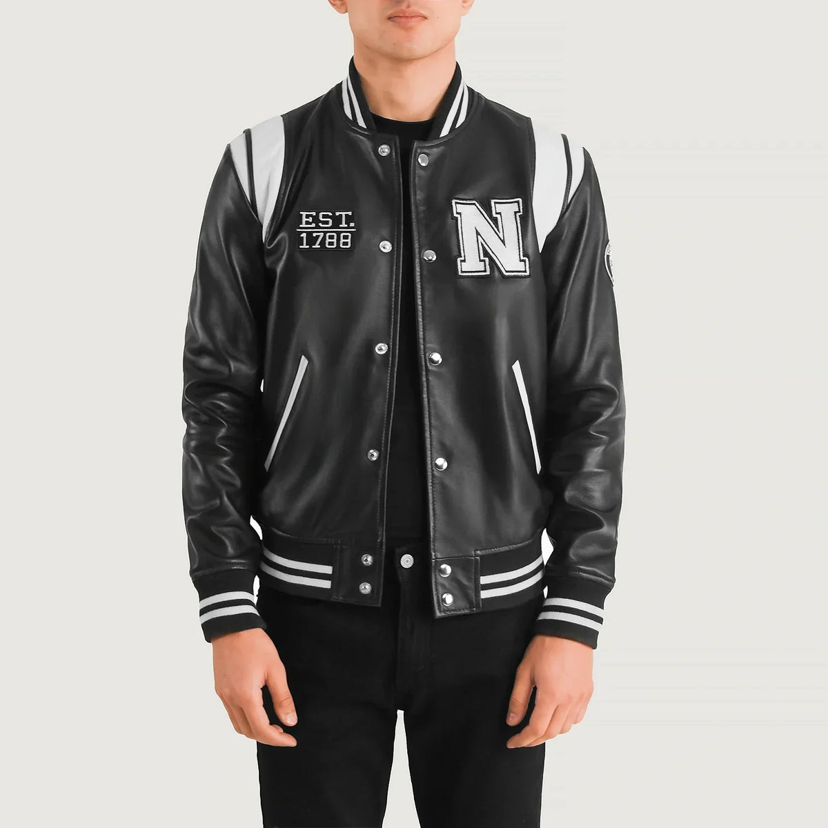 Liberte New York Black Leather Varsity Jacket in Black &amp; White Sheepskin Leather - Front Profile View &amp; Tailored Silhouette | Buy Online