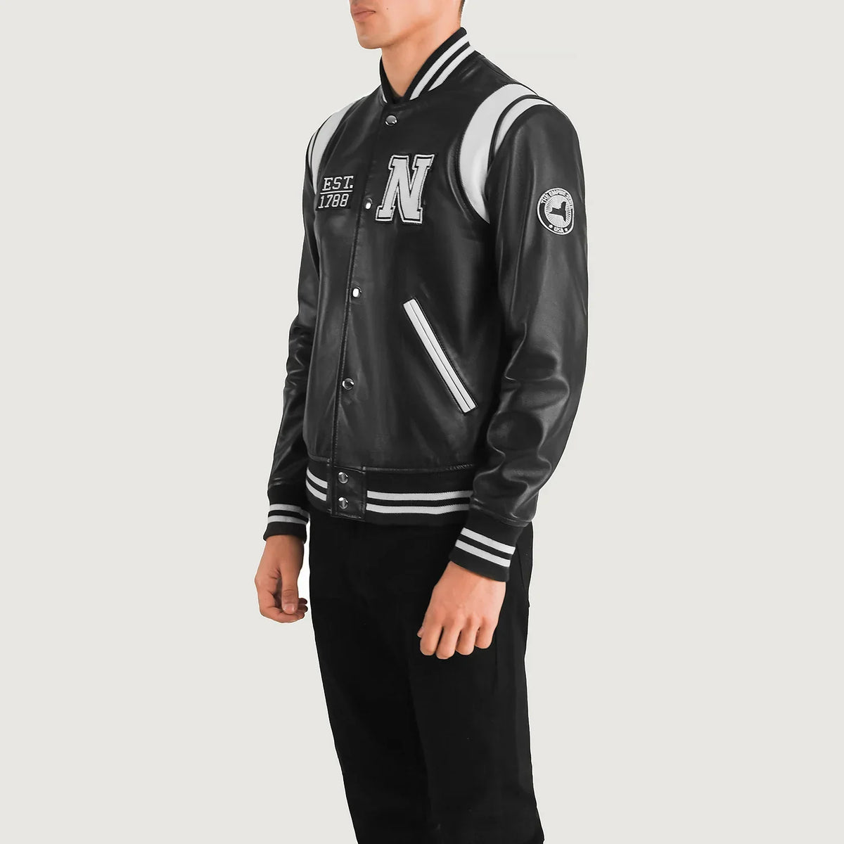 Black &amp; White Sheepskin Leather Varsity Jacket - Back View Showing Tailored Shoulder Fit &amp; Clean Hemline
