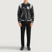 Liberte New York Black Leather Varsity Jacket - Lateral Side Profile View Showing Sleeve Cut &amp; Athletic Taper Fit