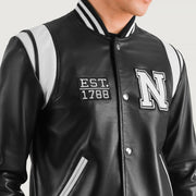 Close-Up Detail of Varsity &amp; Snap Button Hardware on Liberte New York Black Leather Varsity Jacket