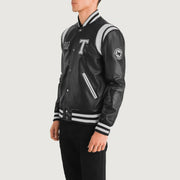 
Black & White Sheepskin Leather Varsity Jacket - Back View Showing Tailored Shoulder Fit & Clean Hemline