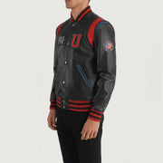 Black Sheepskin Leather Varsity Jacket - Back View Showing Tailored Shoulder Fit &amp; Clean Hemline