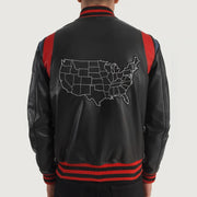 Liberte USA Black Leather Varsity Jacket - Lateral Side Profile View Showing Sleeve Cut &amp; Athletic Taper Fit