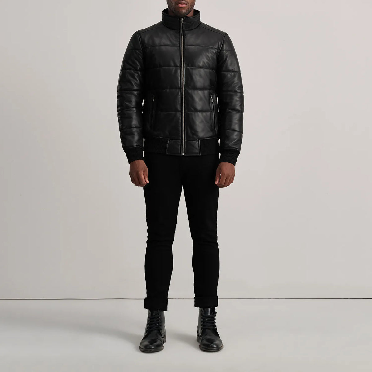Lucas Blue Leather Puffer Bomber Jacket - Lateral Side Profile View Showing Sleeve Cut &amp; Athletic Taper Fit