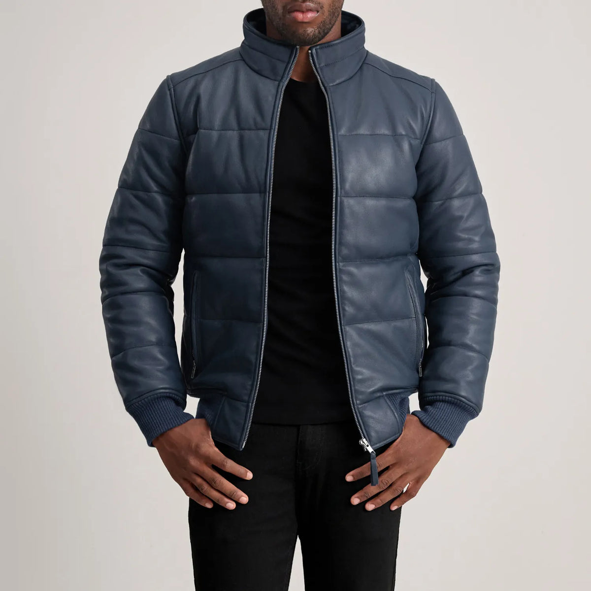 Tailored Rib Cuffs &amp; Hem Craftsmanship Construction Detail on Lucas Blue Leather Puffer Bomber Jacket