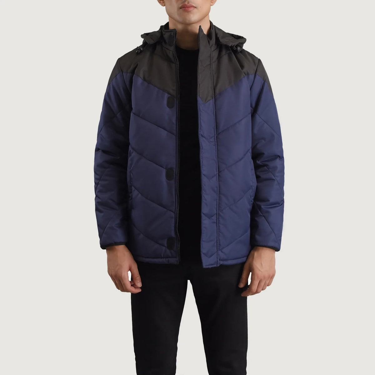 
Luka Black & Blue Hooded Puffer Jacket in Black & Blue Full-Grain Leather - Front Profile View & Tailored Silhouette | Buy Online