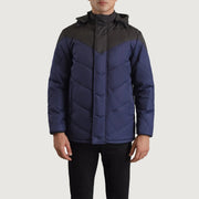 
Close-Up Detail of Classic Collar & Zipper With Velcro Placket Hardware on Luka Black & Blue Hooded Puffer Jacket