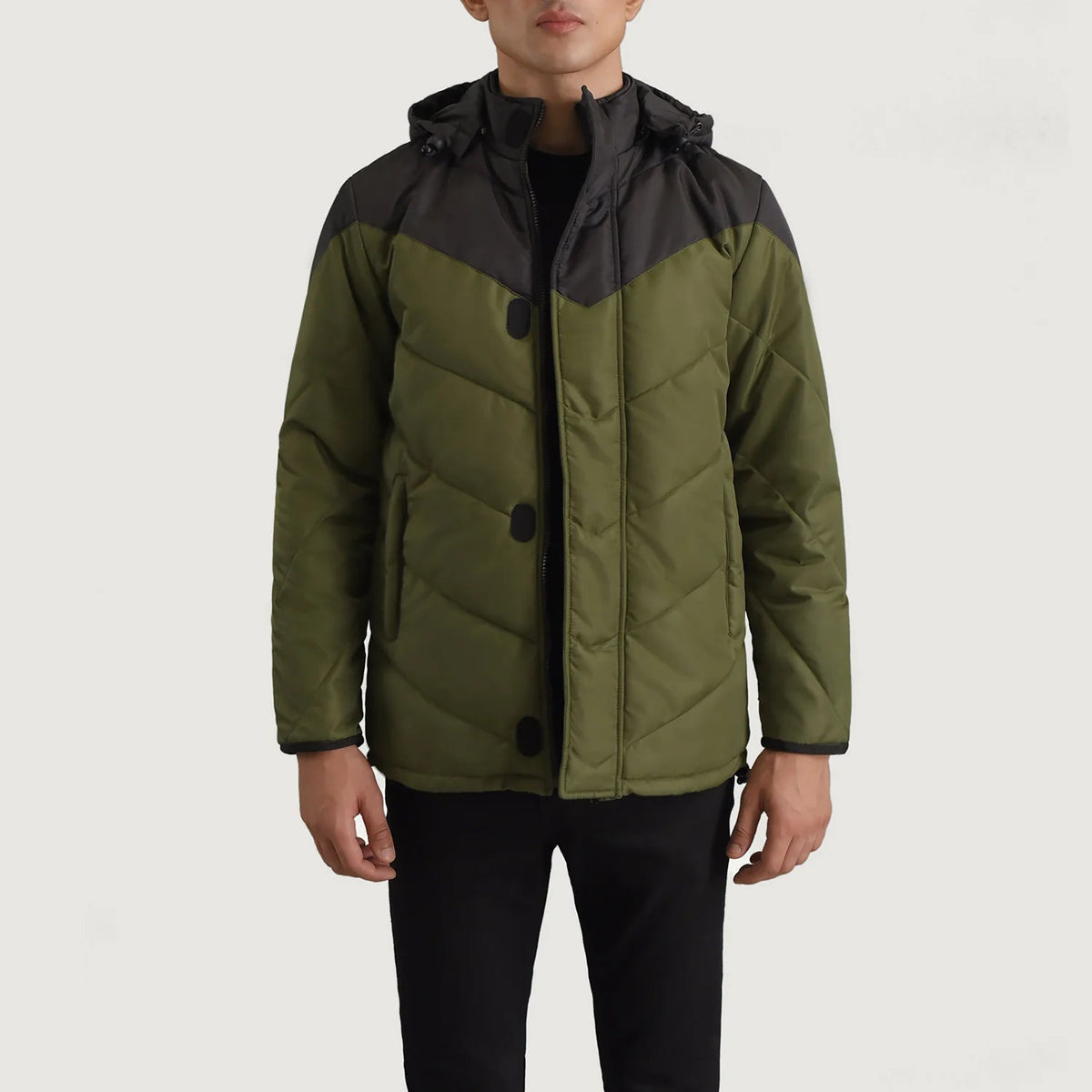 
Luka Black & Green Hooded Puffer Jacket in Black & Green Full-Grain Leather - Front Profile View & Tailored Silhouette | Buy Online
