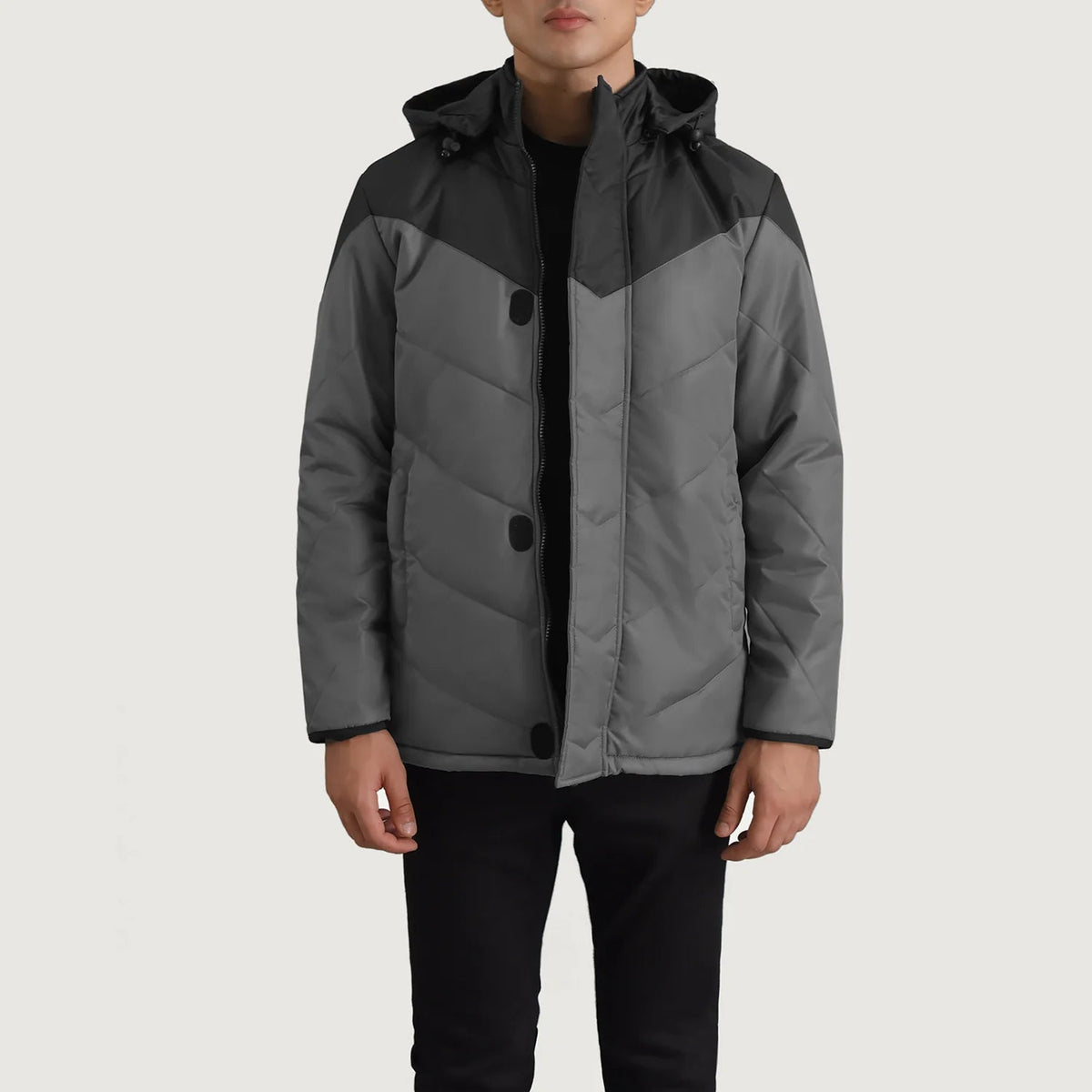 
Luka Black & Grey Hooded Puffer Jacket in Black & Grey Full-Grain Leather - Front Profile View & Tailored Silhouette | Buy Online