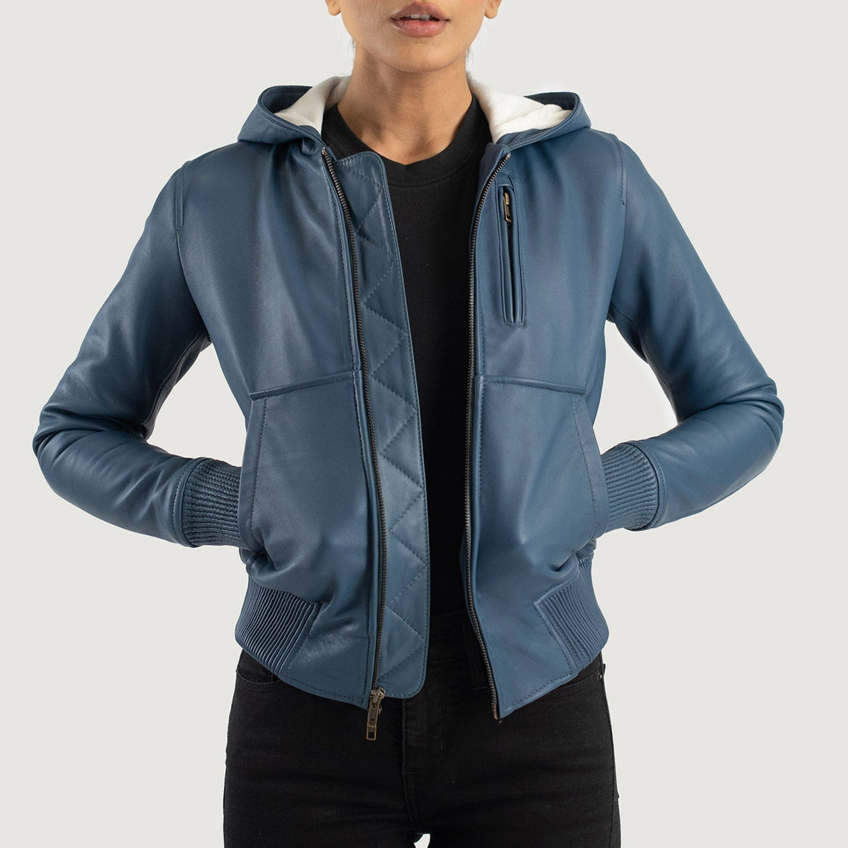 Women's Luna Blue Hooded Leather Bomber Jacket in Blue Sheepskin Leather - Front Profile View &amp; Tailored Silhouette | Buy Online