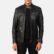 Men's Mack Black Leather Biker Jacket in Black Goatskin Leather - Front Profile View &amp; Tailored Silhouette | Buy Online