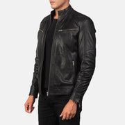 Black Goatskin Leather Biker Jacket - Back View Showing Tailored Shoulder Fit &amp; Clean Hemline