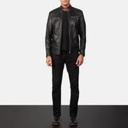 Men's Mack Black Leather Biker Jacket - Lateral Side Profile View Showing Sleeve Cut &amp; Athletic Taper Fit