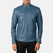 
Close-Up Detail of Band & Zipper Hardware on Mack Blue Leather Biker Jacket