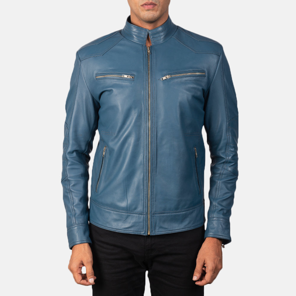 Close-Up Detail of Band & Zipper Hardware on Mack Blue Leather Biker Jacket