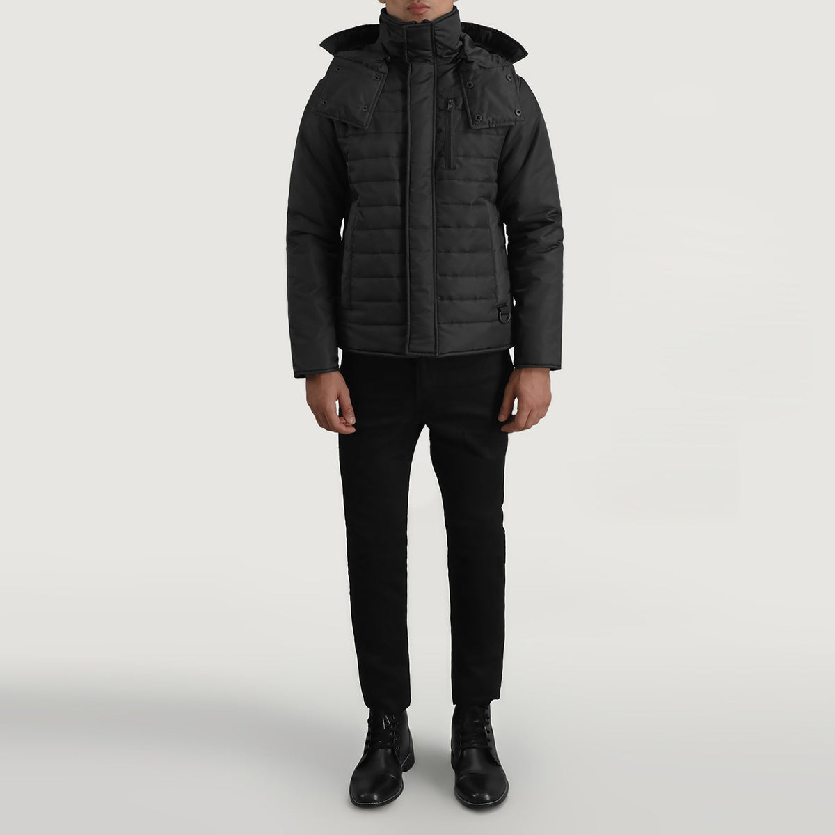 
Malcolm Black Hooded Puffer Jacket - Lateral Side Profile View Showing Sleeve Cut & Athletic Taper Fit