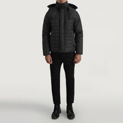 
Malcolm Black Hooded Puffer Jacket - Lateral Side Profile View Showing Sleeve Cut & Athletic Taper Fit