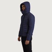 
Blue Full-Grain Leather Hooded Jacket - Back View Showing Tailored Shoulder Fit & Clean Hemline