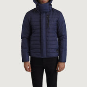 
Close-Up Detail of Classic Collar & Zipper With Placket Hardware on Malcolm Blue Hooded Puffer Jacket