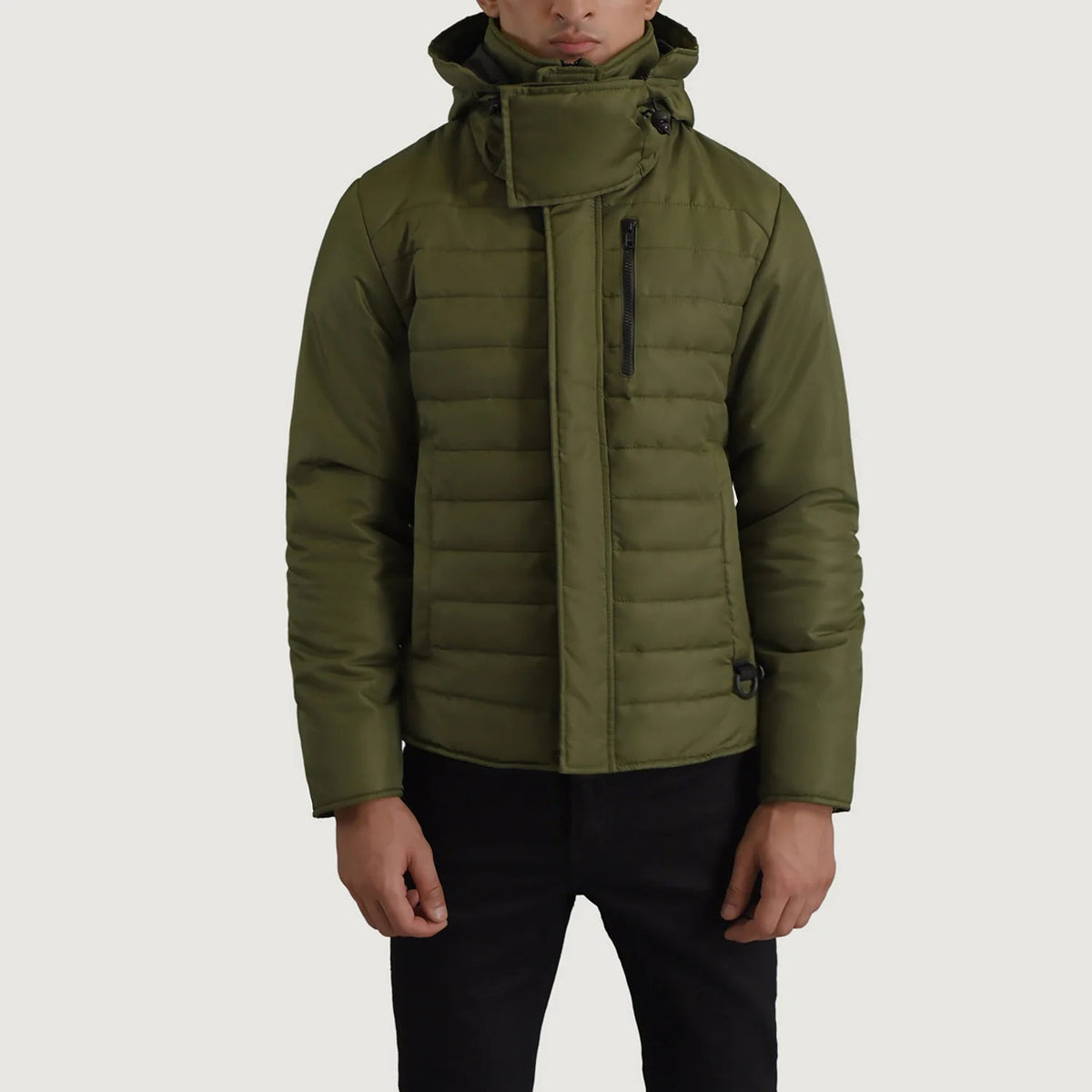 
Malcolm Green Hooded Puffer Jacket - Lateral Side Profile View Showing Sleeve Cut & Athletic Taper Fit