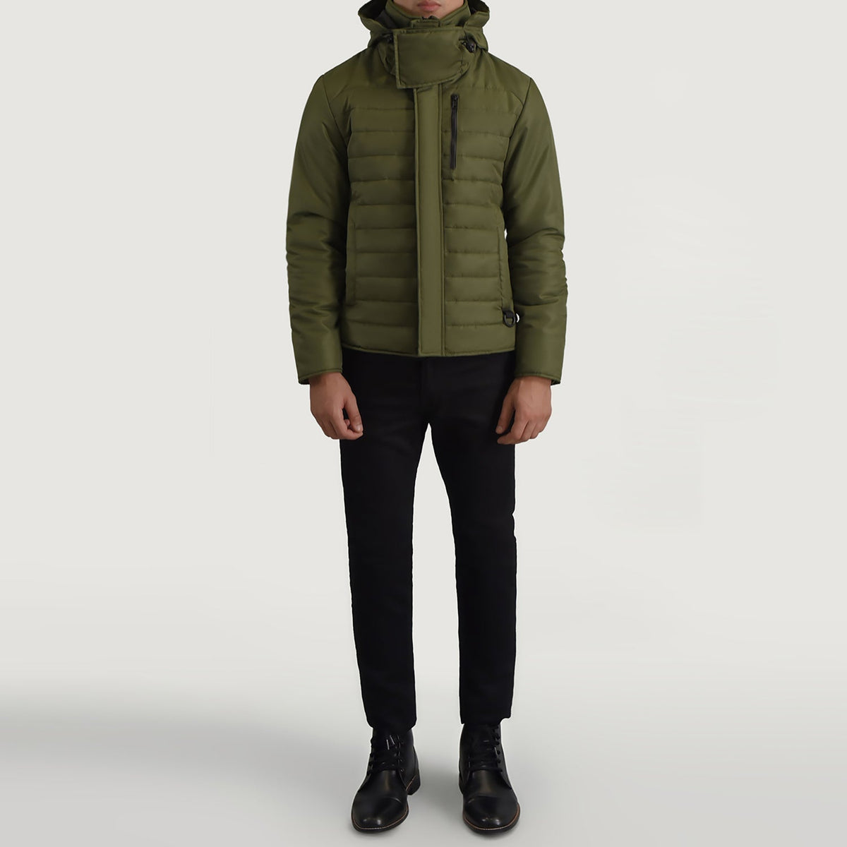 
Close-Up Detail of Classic Collar & Zipper With Placket Hardware on Malcolm Green Hooded Puffer Jacket