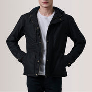 
Marlo Black Canvas Hooded Work Jacket For Men in Black Waxed Cotton Canvas - Front Profile View & Tailored Silhouette | Buy Online