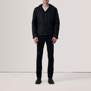 
Black Waxed Cotton Canvas Hooded Jacket - Back View Showing Tailored Shoulder Fit & Clean Hemline