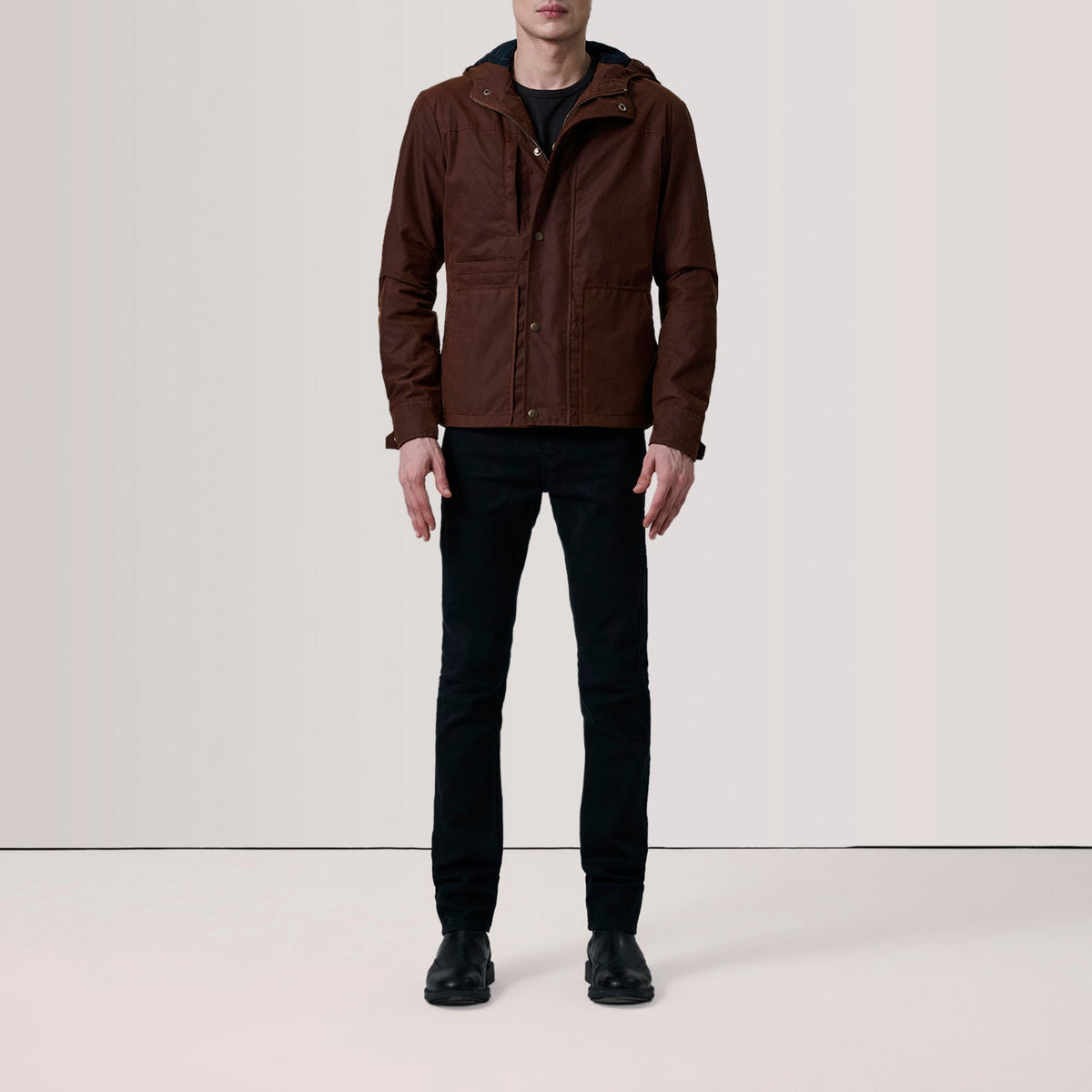 Brown Waxed Cotton Canvas Hooded Jacket - Back View Showing Tailored Shoulder Fit &amp; Clean Hemline