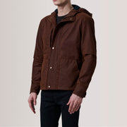 Marlo Brown Canvas Hooded Work Jacket For Men - Lateral Side Profile View Showing Sleeve Cut &amp; Athletic Taper Fit