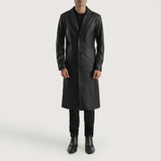 Mateo Black Leather Single Breasted Coat - Lateral Side Profile View Showing Sleeve Cut &amp; Athletic Taper Fit