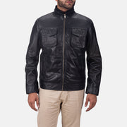 Maurice Black Leather Jacket in Black Sheepskin Leather - Front Profile View &amp; Tailored Silhouette | Buy Online