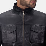 Maurice Black Leather Jacket - Lateral Side Profile View Showing Sleeve Cut &amp; Athletic Taper Fit