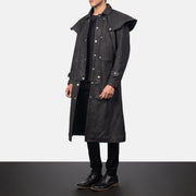 
Distressed Black Sheepskin Snuffed Trench Coat - Back View Showing Tailored Shoulder Fit & Clean Hemline