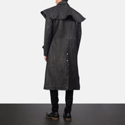 
Men's Maverick Black Leather Duster - Lateral Side Profile View Showing Sleeve Cut & Athletic Taper Fit